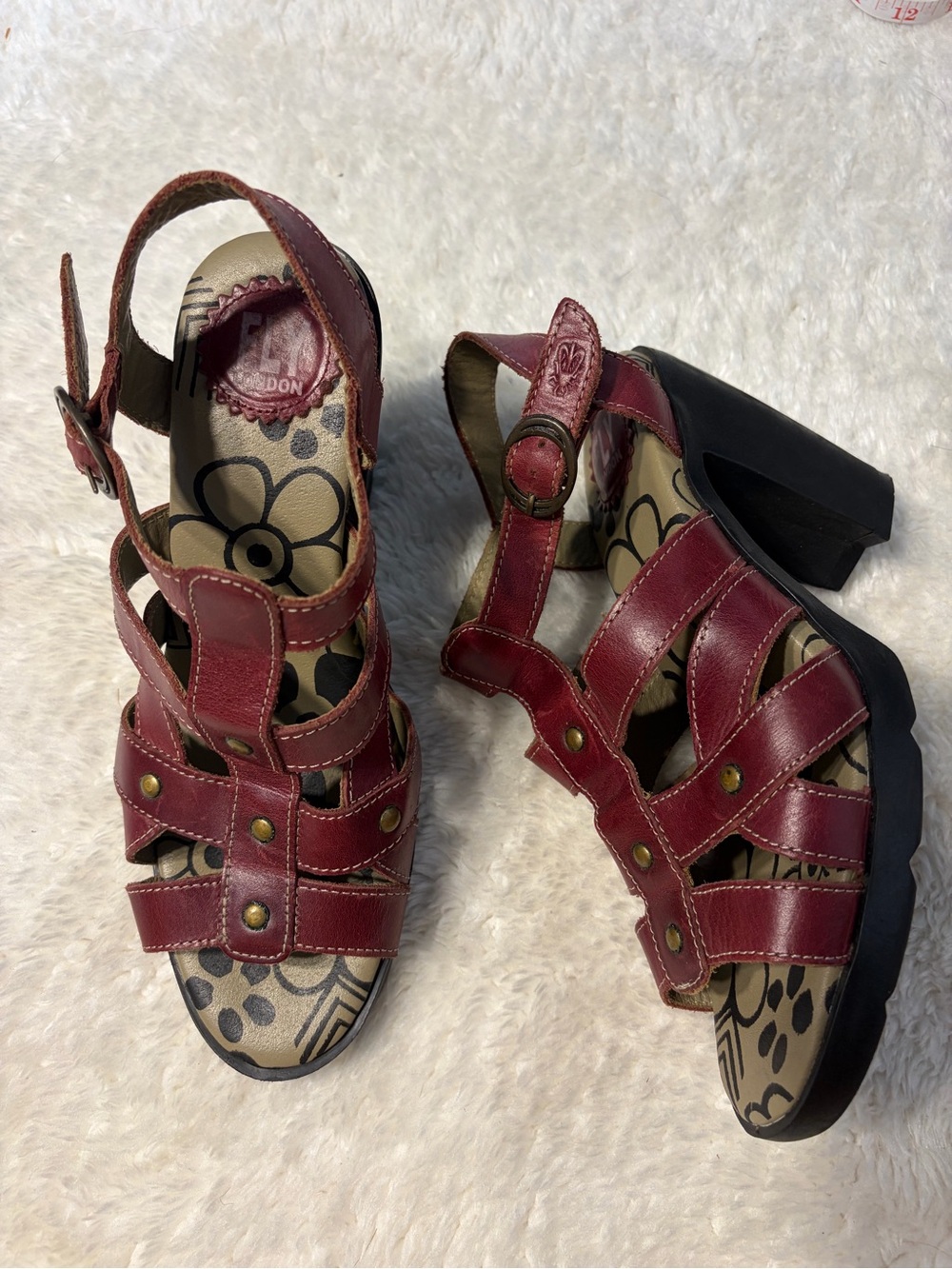 Fly London dark red leather strappy caged stud chunky block heel sandals